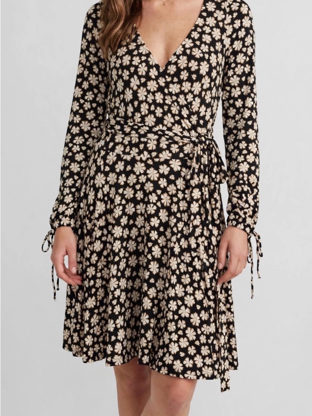 Free People Black Wrap Dress with Cream Floral Print